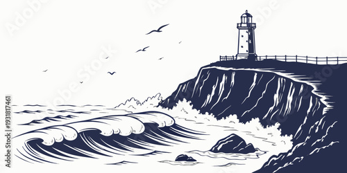 A lighthouse stands tall on a rocky cliff, guiding ships through stormy seas.