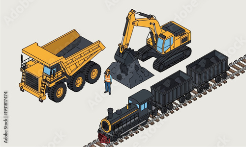 Heavy machinery and train for mining and transportation of resources.