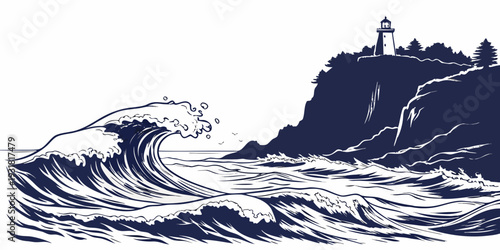 A powerful wave crashes against a rocky cliff with a lighthouse standing tall.