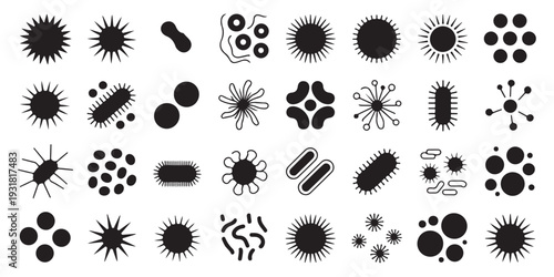 Black Silhouette Bacteria and Virus Icons for Healthcare and Biology Research