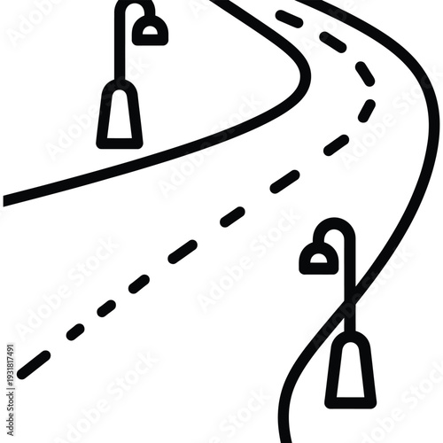 Winding road with dashed lines and streetlights a simple outline drawing for travel navigation and urban planning concepts