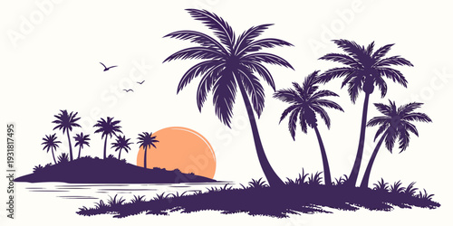 A serene tropical sunset with palm trees silhouetted against the vibrant orange sky.