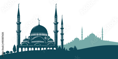 Majestic mosque with minarets and domes against a mountainous backdrop