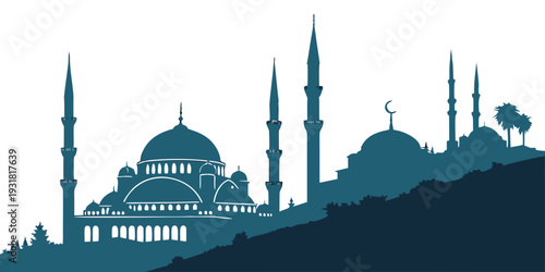 Silhouette of a majestic mosque with minarets against a sunset sky