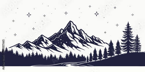 Majestic snow-covered mountains under a starry night sky with pine trees