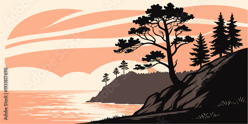 A serene landscape with trees on a cliff overlooking a calm body of water at sunset