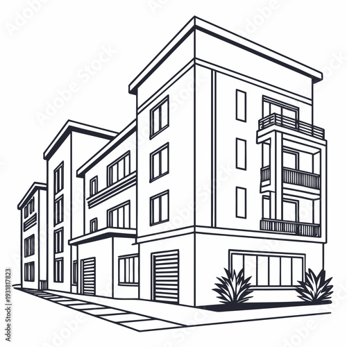 Modern apartment buildings with balconies and ground floor shops