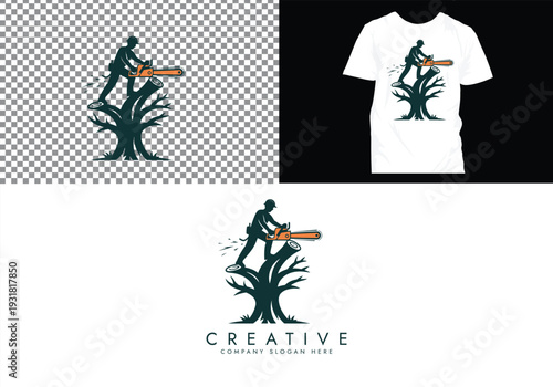 Lumberjack and Chainsaw Cutting logo, Woodcutting Tree Trunk Logo editable vector Design 