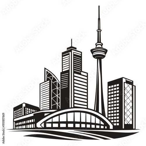 Skyline of a modern city featuring a prominent tower and various buildings