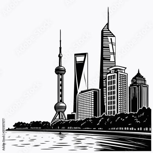 A detailed illustration of the shanghai skyline with iconic buildings and waterfront