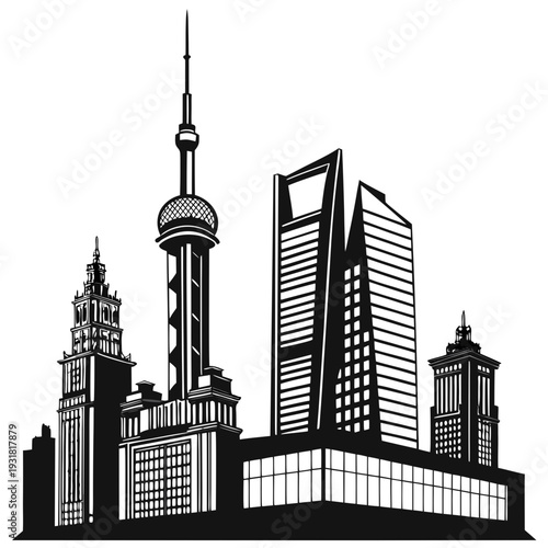Photography A detailed black and white illustration of the shanghai skyline with modern skys