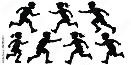 Kids Running and Playing Silhouettes Set, Active Children Black Vector Illustration Isolated on White