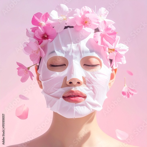 A facial sheet mask made entirely of fresh flower petals, clean beauty background, soft natural light, cosmetic photography style