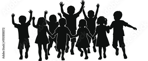Happy Children Running Together Silhouettes, Kids Playing Group Black Vector Illustration Isolated on White