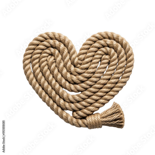 Intricate rope heart shape crafted from twisted natural fibers against a plain background
