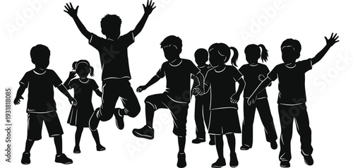Group of Kids Playing Silhouettes, Happy Children Jumping and Standing Black Vector Illustration Isolated on White