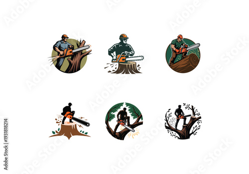 Lumberjack and Chainsaw Cutting logo Collection, Woodcutting Tree Trunk Logo editable vector Design 
