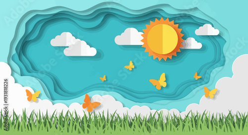 3D Paper Cut Art: Vibrant Spring Day Landscape with Sun, Clouds, Butterflies & Green Grass