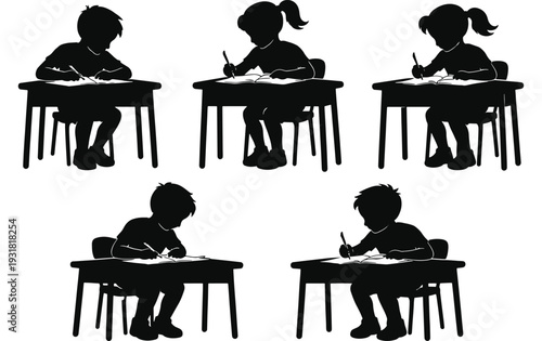 Kids Writing at Desk Silhouettes Set, Children Studying in Classroom Black Vector Illustration Isolated on White