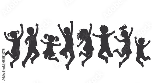 Happy Kids Jumping Silhouettes Set, Children Playing and Dancing Black Vector Illustration Isolated on White