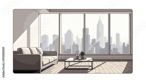 Modern Living Room with City Skyline Sunset View