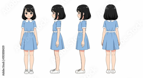 Anime Girl Character Model Sheet: Full Body Front, Side, and Back Views in Blue Dress