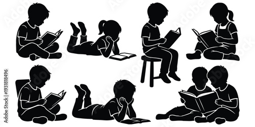 Kids Reading Books Silhouettes Set, Children Studying and Learning Black Vector Illustration Isolated on White