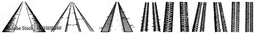 Vintage hand drawn sketch collection of roads and tire tracks in perspective view