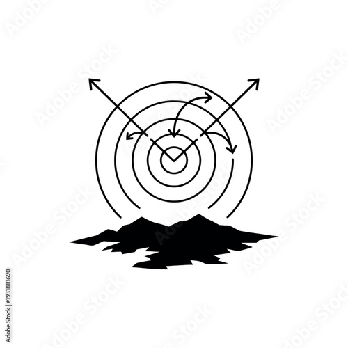 A strategic airstrike mission plan with arrows and concentric circles over a mountain range on a white background.