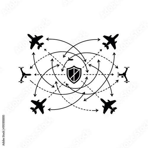 A strategic airstrike mission plan featuring a shield surrounded by six fighter jets and arrows on a white background with a black and white color scheme.