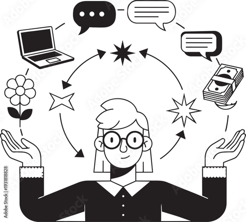 woman overwhelmed by multitasking with laptop money and communication symbols