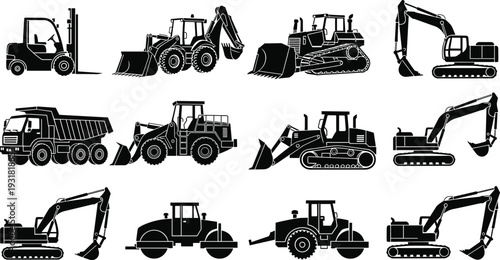 Silhouettes of construction vehicles, heavy machinery equipment, industrial transport vector illustration, earthmoving design collection