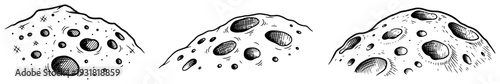 Hand drawn set of craters on the moon surface in vintage engraving style