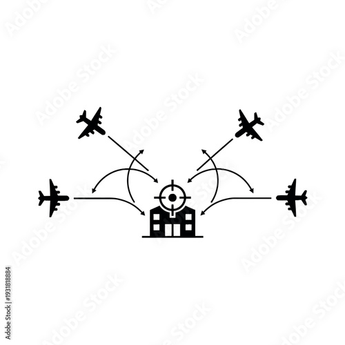 A strategic airstrike mission plan featuring planes and a target building in a simple black graphic on a white background.