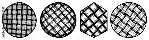 Set of geometric shapes featuring hand drawn woven wicker and rattan texture patterns in ink style