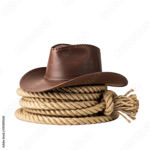 Classic brown cowboy hat and coiled rope on a white background