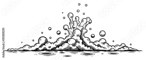 Hand drawn water splash and rising bubbles with detailed hatching in vintage ink style