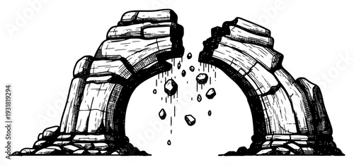 Hand drawn illustration of a broken stone arch with falling rocks in crumbling ruins style
