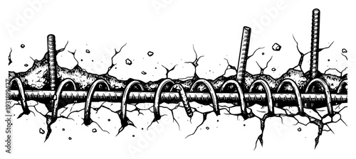 Vintage hand drawn sketch of steel rebar reinforcement bars inside damaged concrete wall