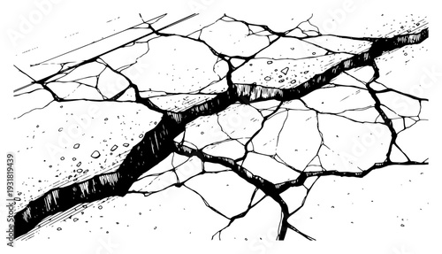 Detailed hand drawn sketch of cracked concrete ground with deep fissures and earth splits