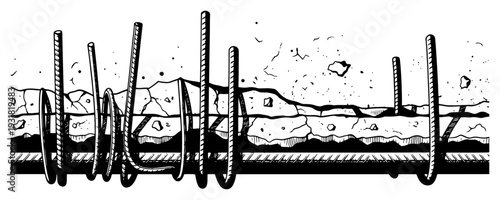 Detailed engraving style sketch of construction site rebar reinforcement in broken concrete