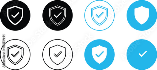 A comprehensive set of security shield icons featuring checkmarks in various styles and colors. This collection includes black and white, blue, outline, and filled versions.