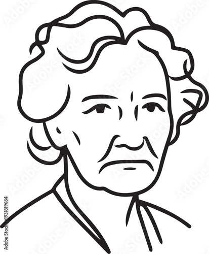 Old Woman Black and White Avatar Illustration in Minimal Line Art Style Design
