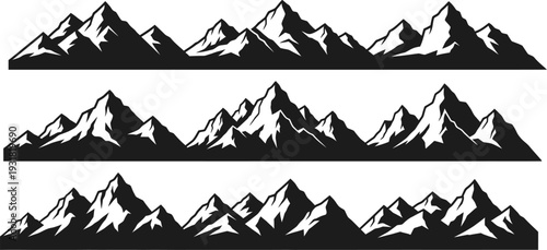 Three distinct black and white mountain range silhouettes for graphic design and landscape illustration projects