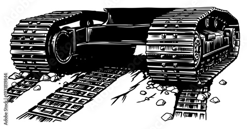 Vintage hand drawn sketch of heavy machinery crawler tracks and tread marks on ground