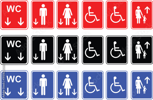 Restroom signs set for male female disabled and family accessibility information navigation directions