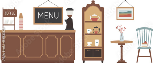 Cozy coffee shop interior illustration, modern cafe counter with menu board, teapots shelf, cake table and chair design
