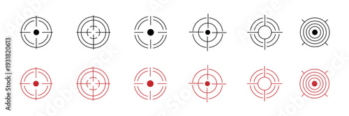 Minimal Crosshair Target Icon Set, Circular Sniper Scope Reticle Collection, Precision Aim Symbols, Geometric Sight Interface Elements, Black and Red Flat Vector Illustration Pack.eps10