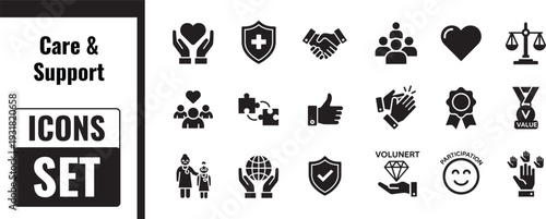 Care and support icons set for charity and volunteer work programs