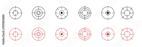 Minimal Crosshair Target Icon Set, Circular Sniper Scope Reticle Collection, Precision Aim Symbols, Geometric Sight Interface Elements, Black and Red Flat Vector Illustration Pack.eps10